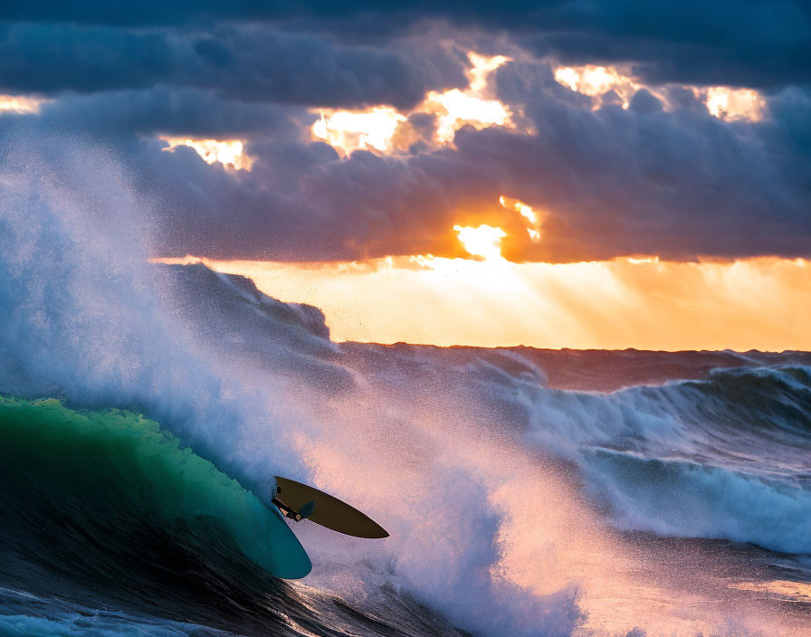Surfer riding large wave at sunset with dramatic clouds.