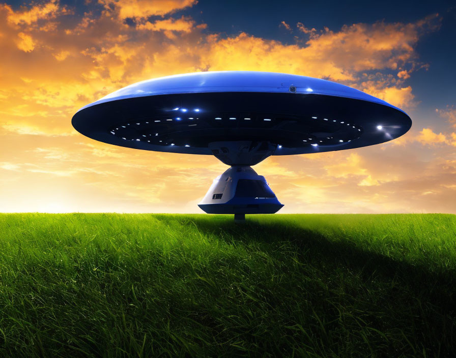 Glowing lights UFO hovering over grassy field at sunset