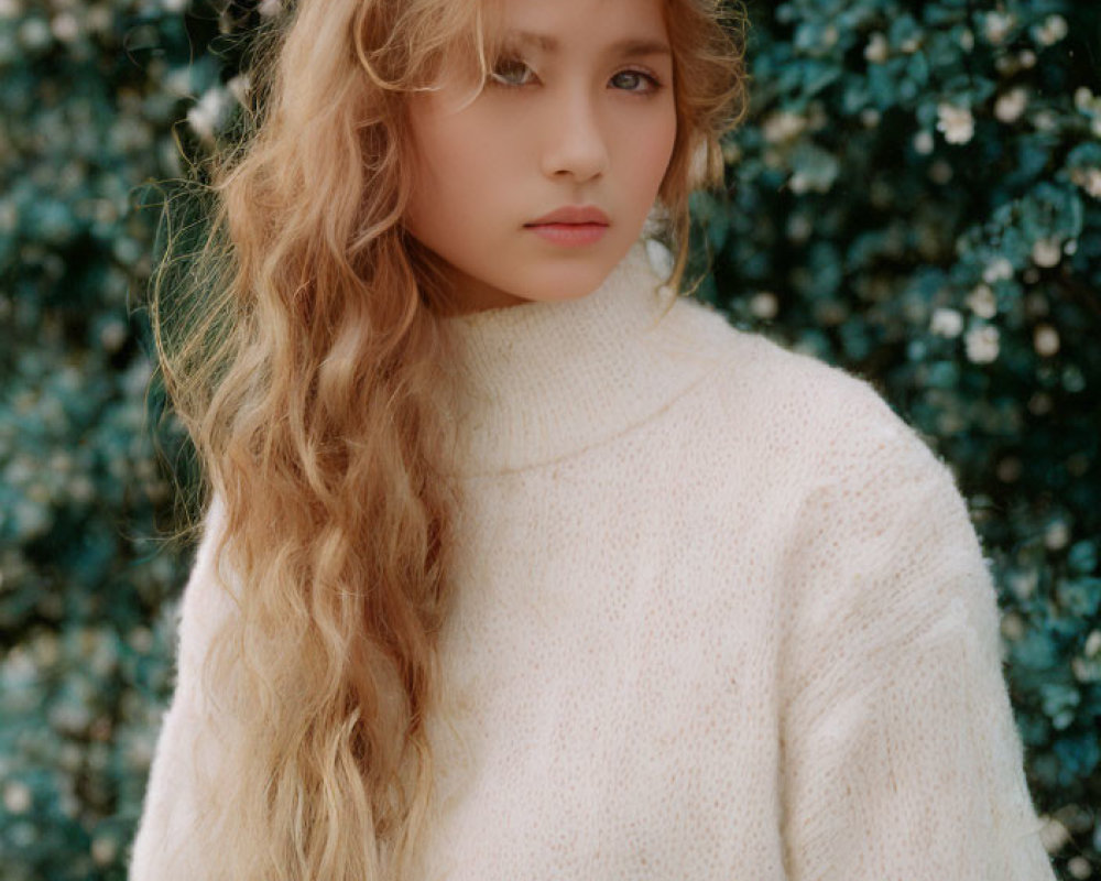 Young person with long curly hair in cream sweater amid white flowers