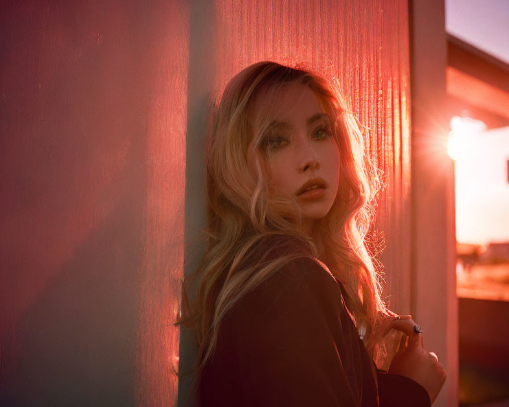 Blonde woman gazes back at sunset against red wall