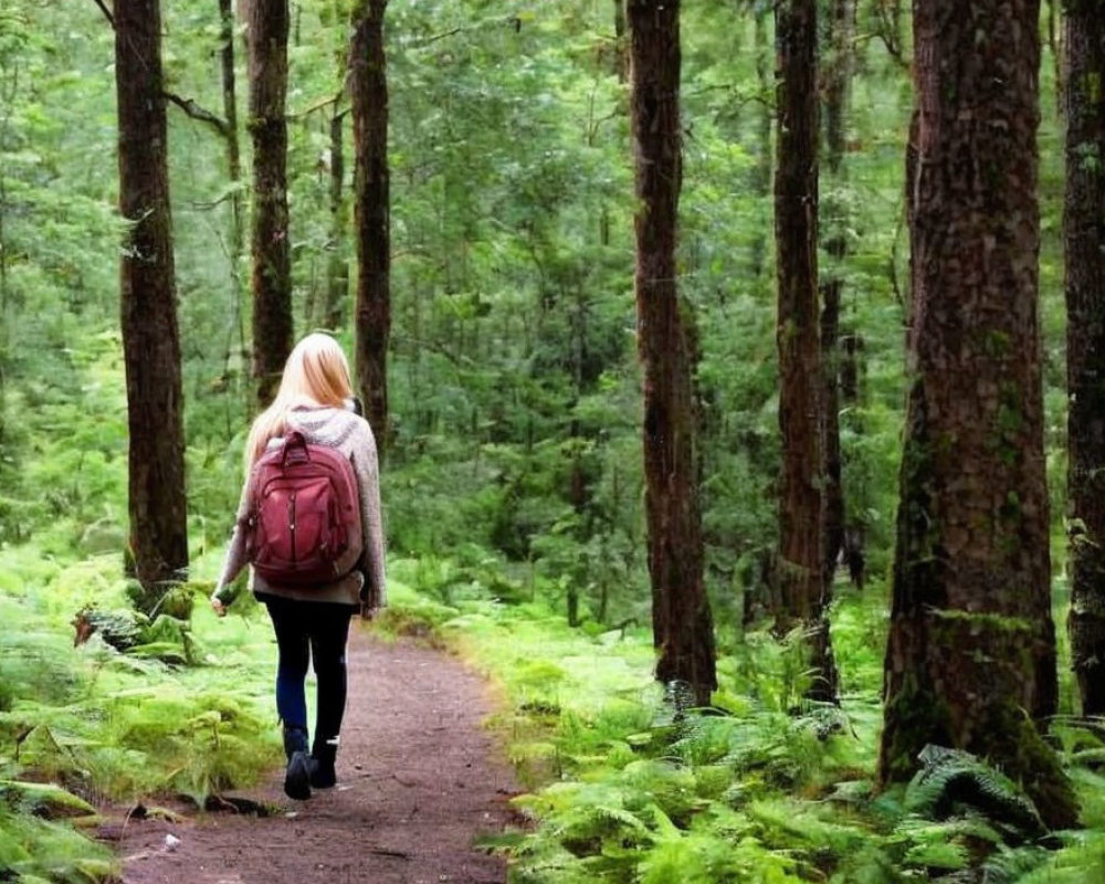 Hiker on Forest Trail Amid Tall Trees
