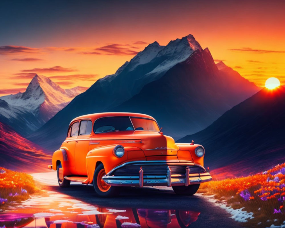 Vintage Orange Car on Mountainous Road at Sunset with Snowy Peaks and Flowers