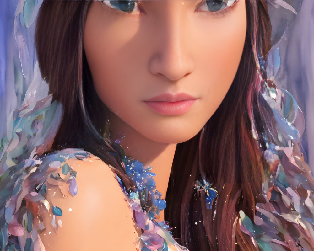 Close-up portrait of woman with serene expression and sparkling hair adornments, delicate translucent petals on shoulder