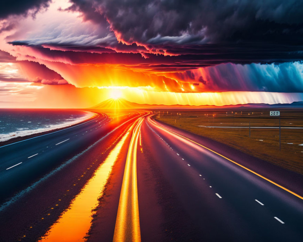 Dramatic sunset with fiery hues on wet highway under dark sky