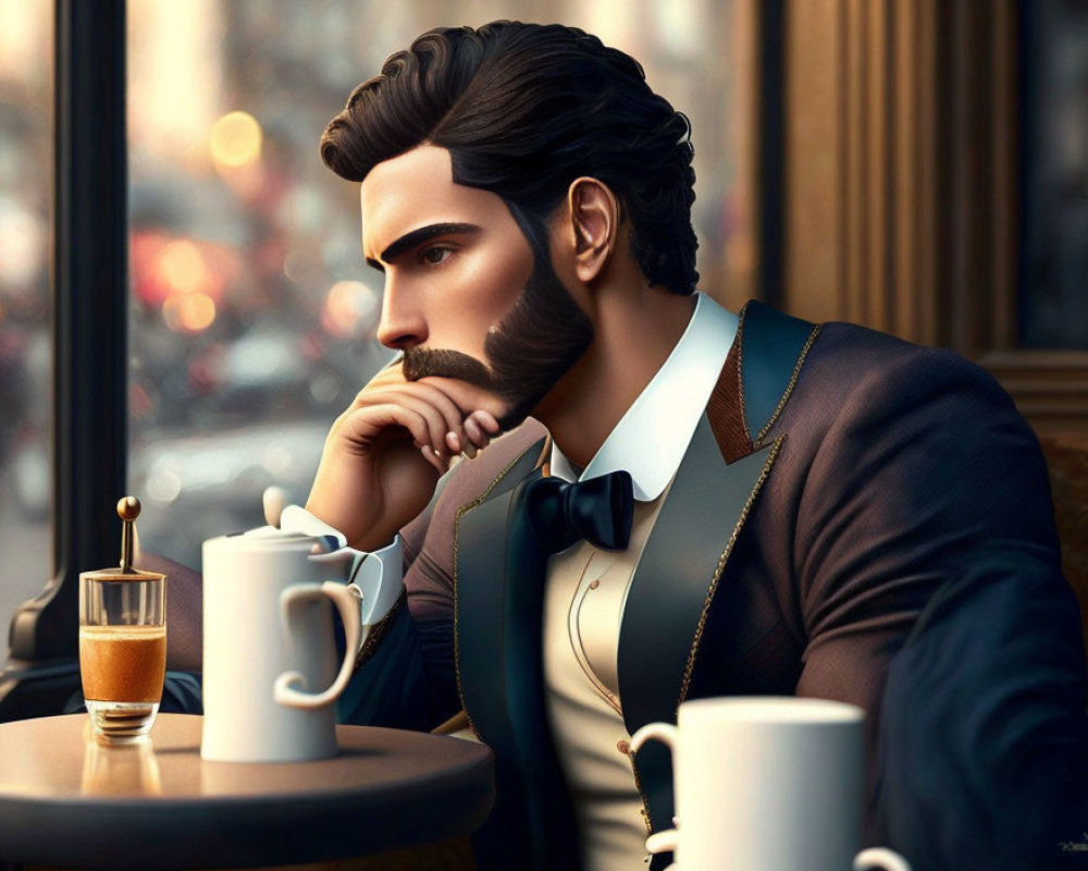 Illustration of pensive man in suit at cafe table