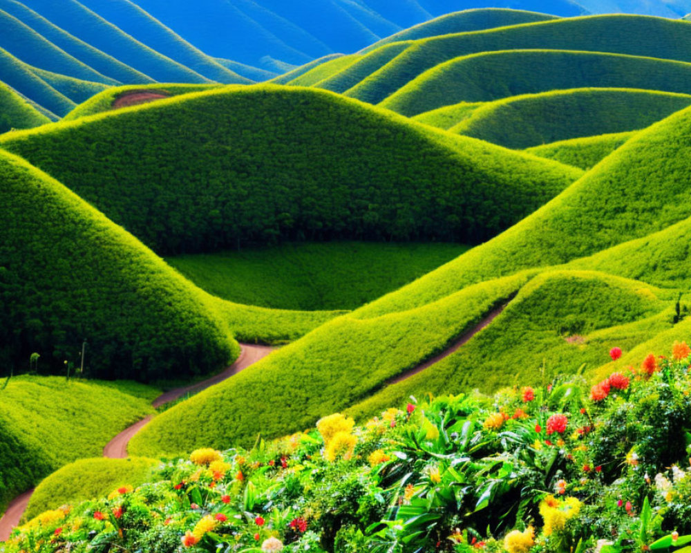 Scenic landscape: rolling green hills, zigzag path, colorful flowers, blue sky