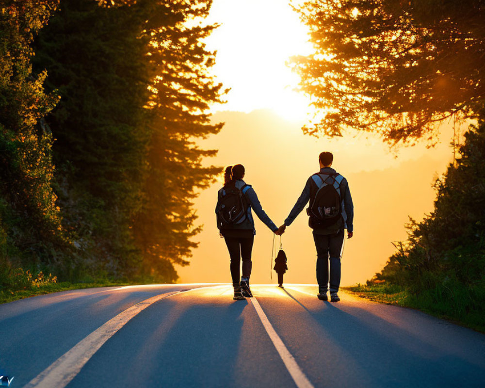 Couple walking hand in hand at sunset on a road with sunbeams through trees