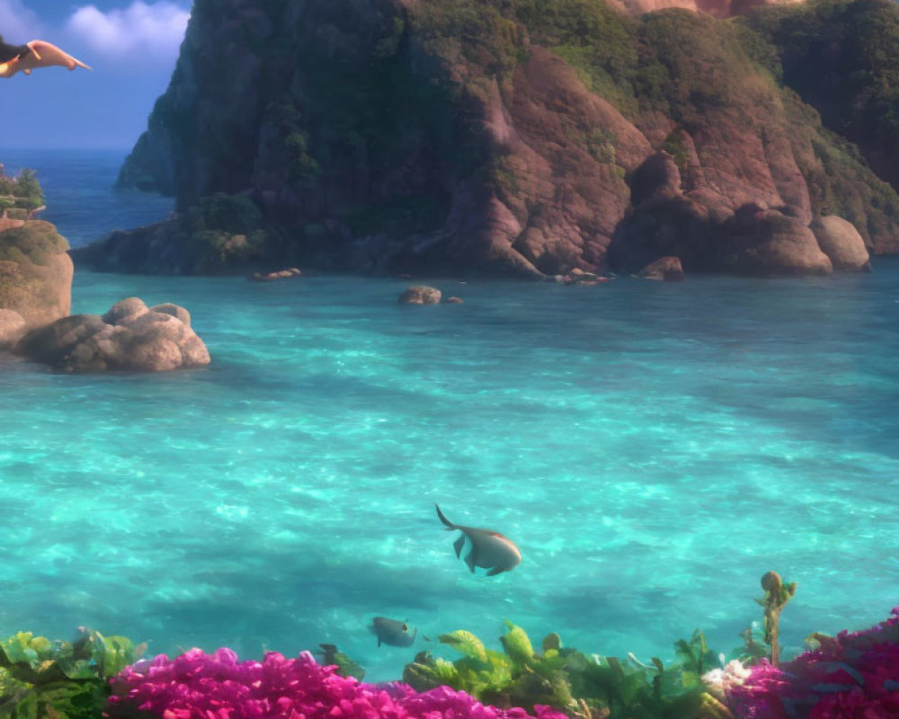 Tropical scene with clear waters, colorful flowers, and looming cliff