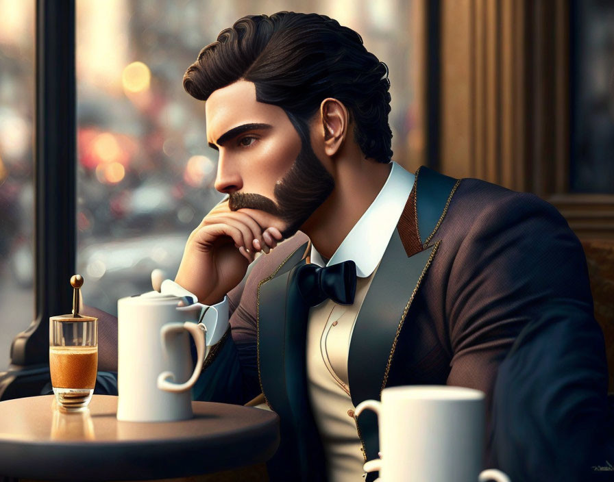 Illustration of pensive man in suit at cafe table