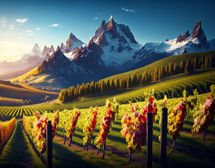 Golden sunlight illuminates vineyard rows with snow-capped mountains and clear blue sky