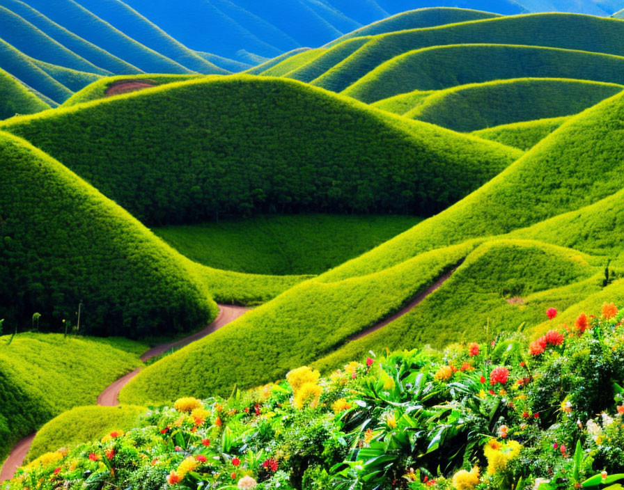 Scenic landscape: rolling green hills, zigzag path, colorful flowers, blue sky