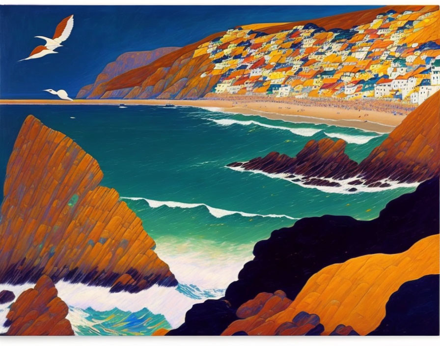 Colorful Coastal Village Painting with Clifftop Houses and Birds