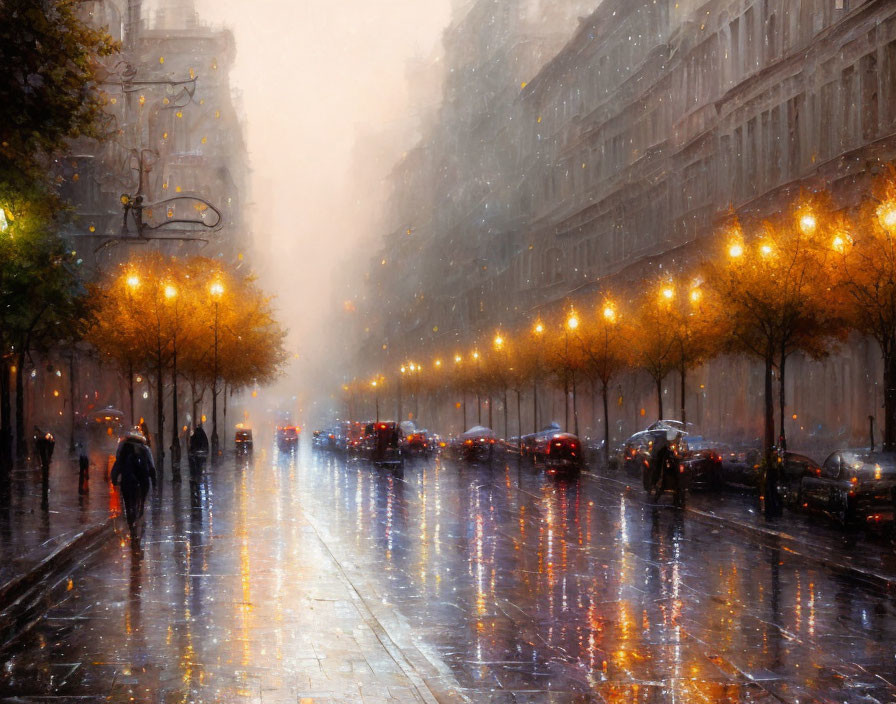 Twilight city street in rain with warm streetlights and silhouettes