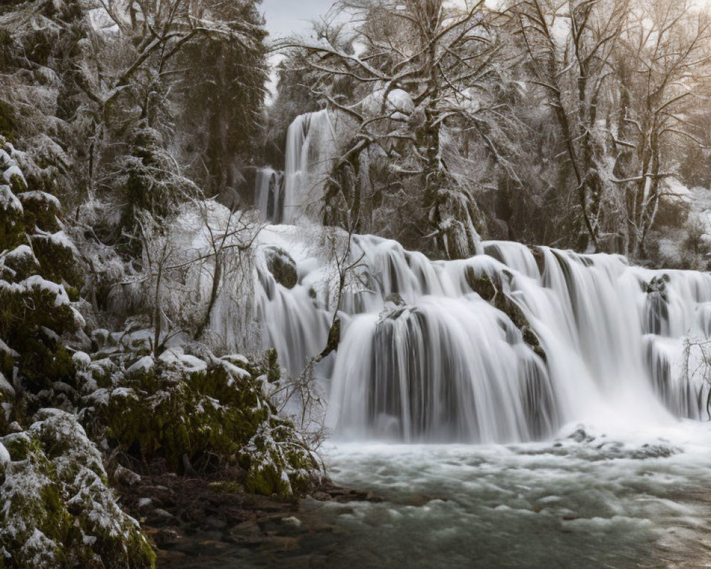 Winter landscape: Snow-covered trees, icy waterfall, serene scenery