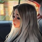 Long Ombre-Haired Woman in Car with Soft Makeup and Serene Expression