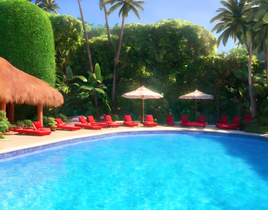 Tranquil Poolside Area with Red Lounge Chairs and Palm Trees