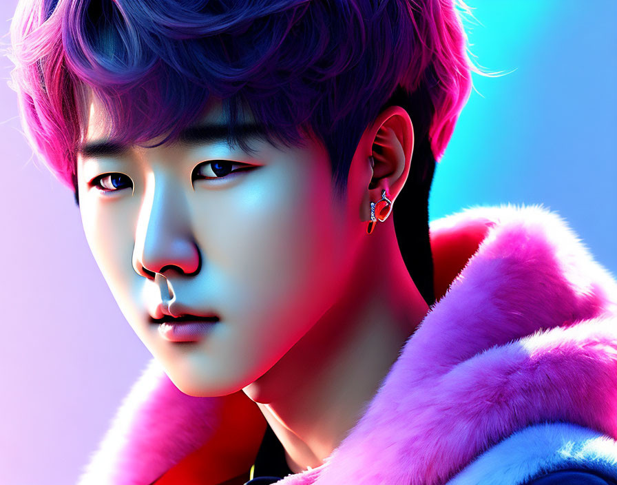 Vibrant stylized portrait of young man with purple hair and pink fur collar