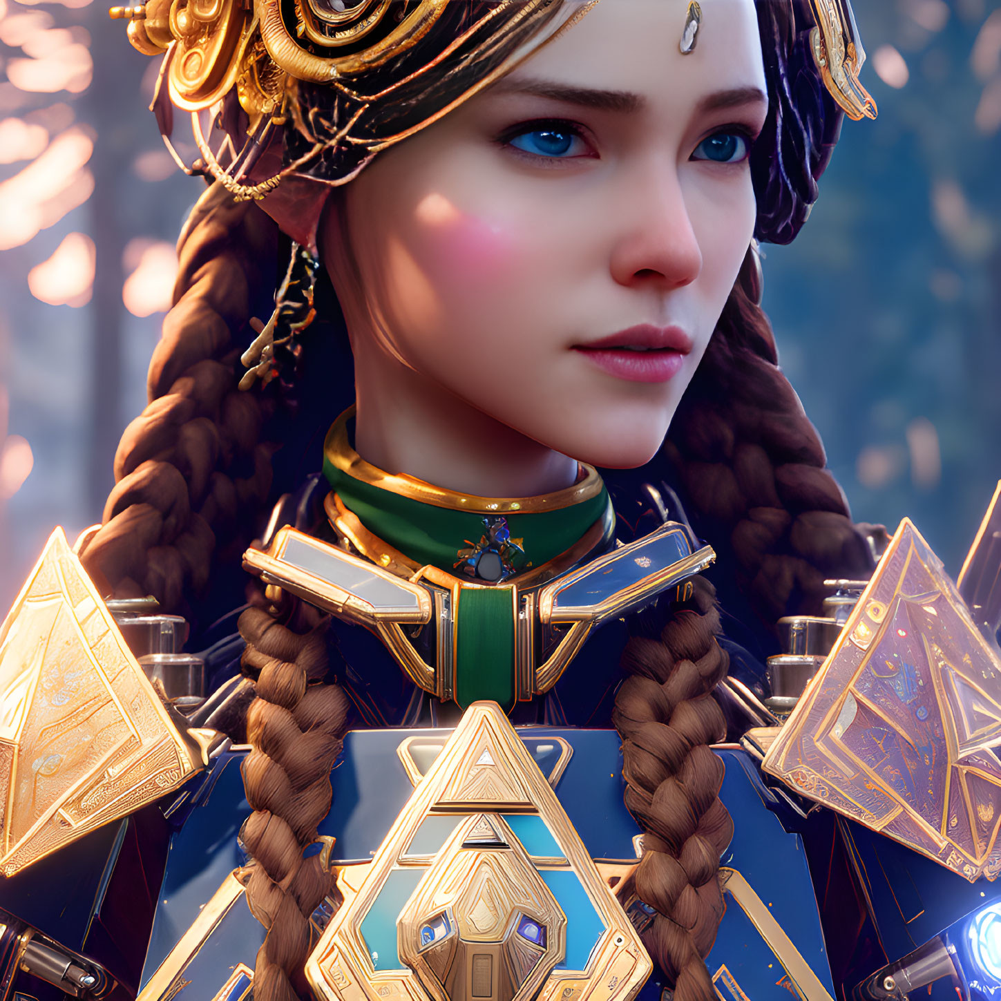 Intricate gold headgear on woman with braided hair and detailed armor