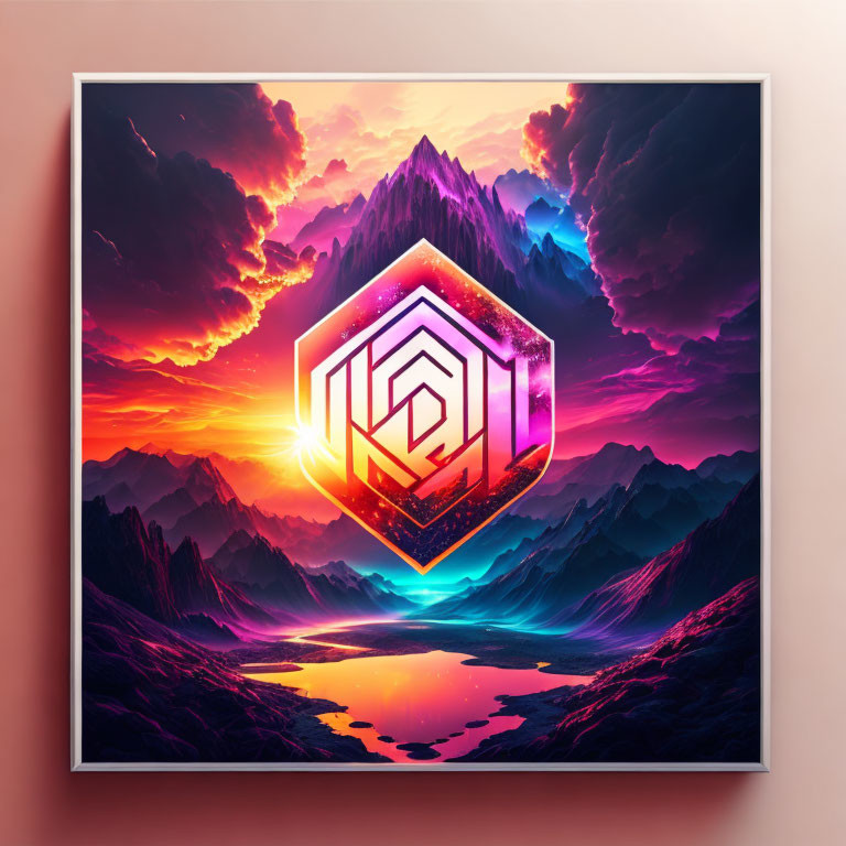 Colorful Mountain Landscape Artwork with Geometric Emblem at Sunset