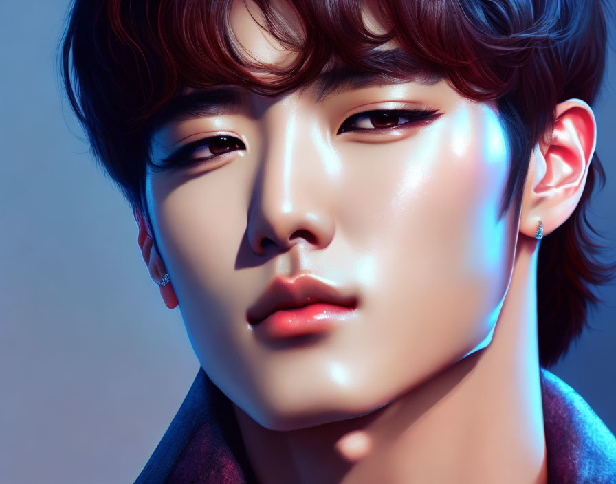 Detailed digital artwork of young male under colorful lights