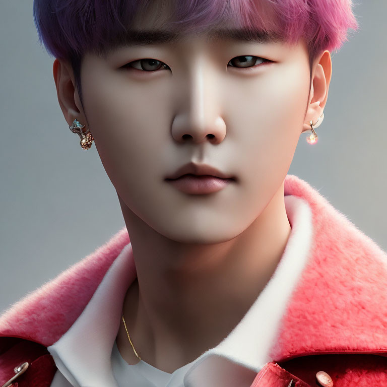 Purple-Haired Person in Pink Fuzzy Collar Jacket with Gold Earrings