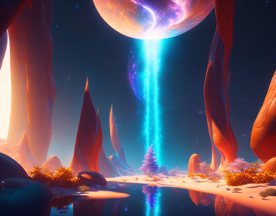 Vibrant alien landscape with towering rock formations and luminous plants