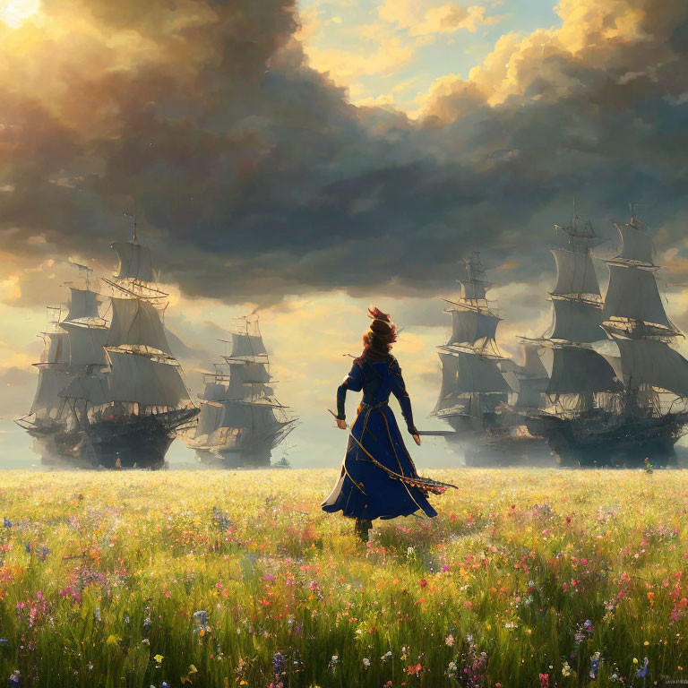 Woman in Blue Dress Walking in Flower Field with Ships on Horizon
