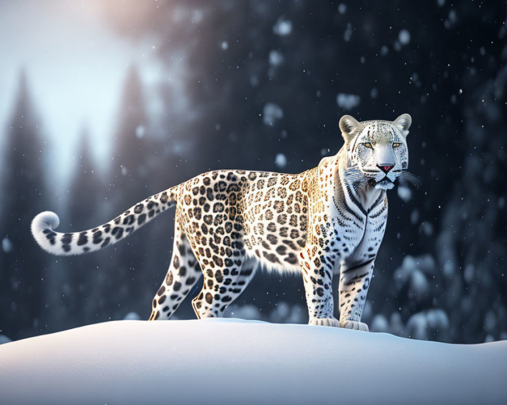 Snow leopard on snowy ridge with evergreen trees and falling snowflakes.