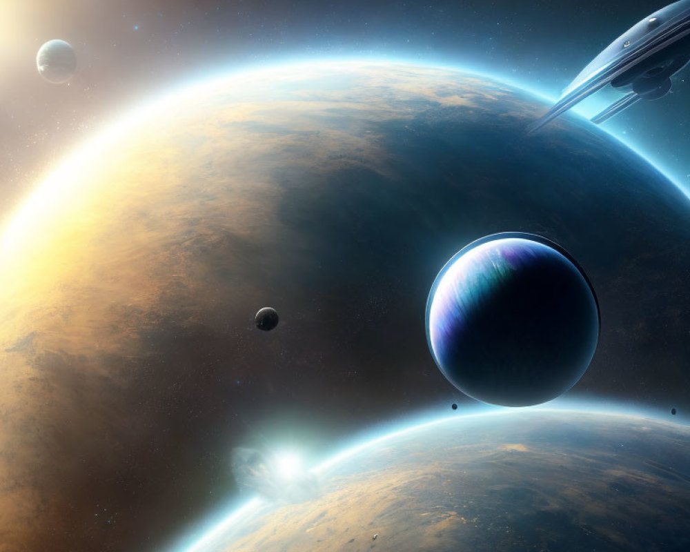 Colorful space scene with planets, star, and spaceship.