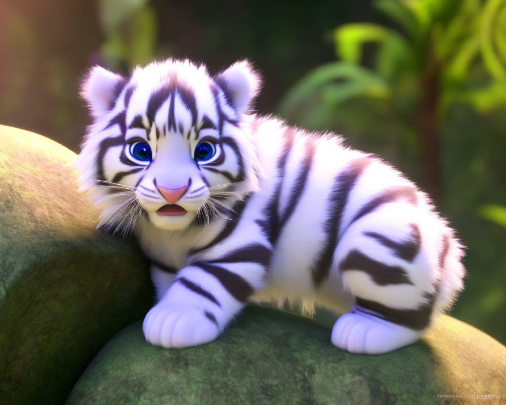 Stylized animated image: Young tiger with oversized blue eyes on rock surrounded by greenery