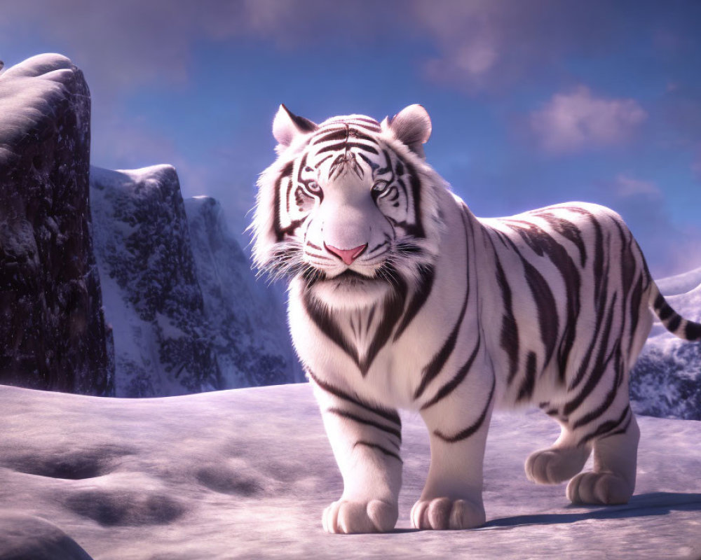 White Tiger with Black Stripes in Snowy Terrain with Mountains and Purple Sky