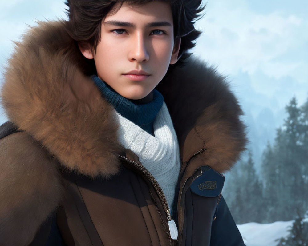 Young man in fur-lined coat and scarf in snowy forest scene