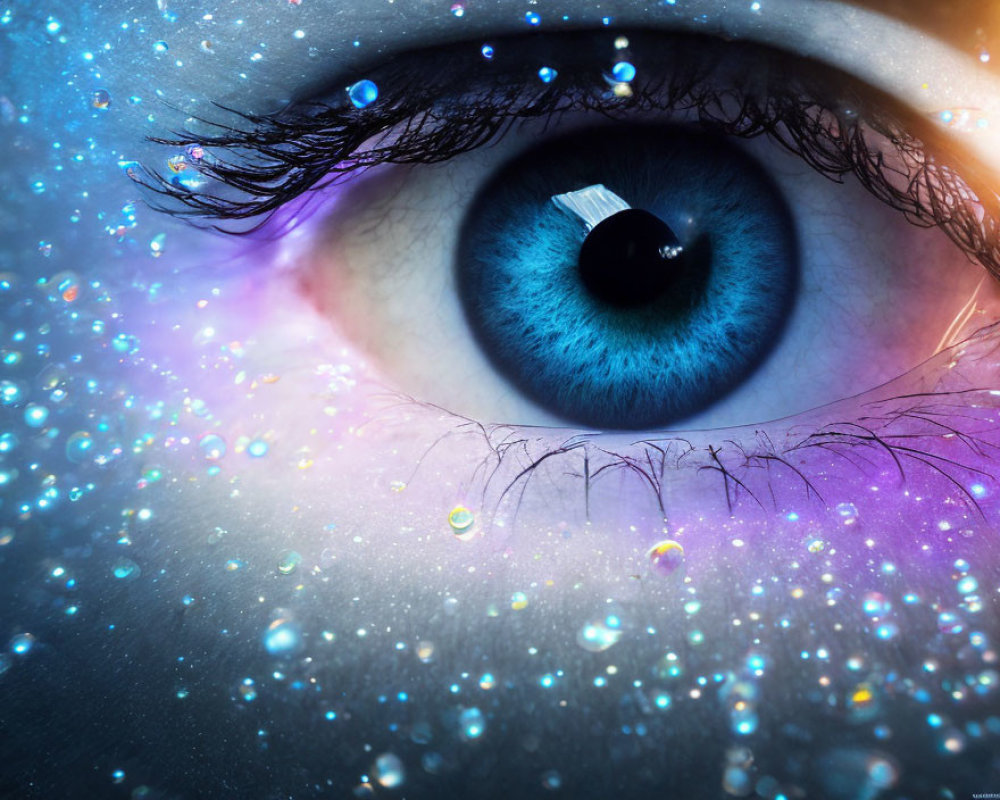Detailed Close-Up of Vibrant Blue Eye with Long Lashes and Cosmic Particles