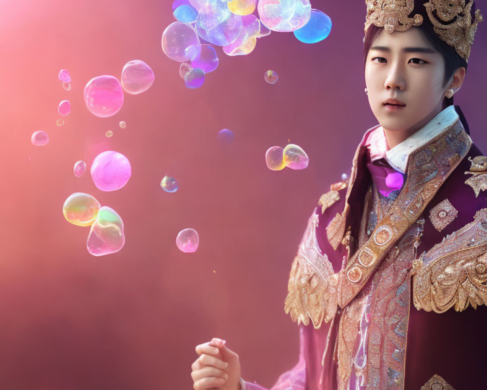 Traditional Asian royal attire figure with bubble wand in iridescent bubbles on pink background