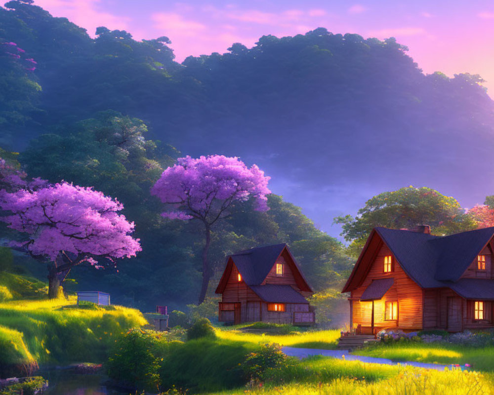 Tranquil countryside landscape with cottages, greenery, pink tree, and purple sky
