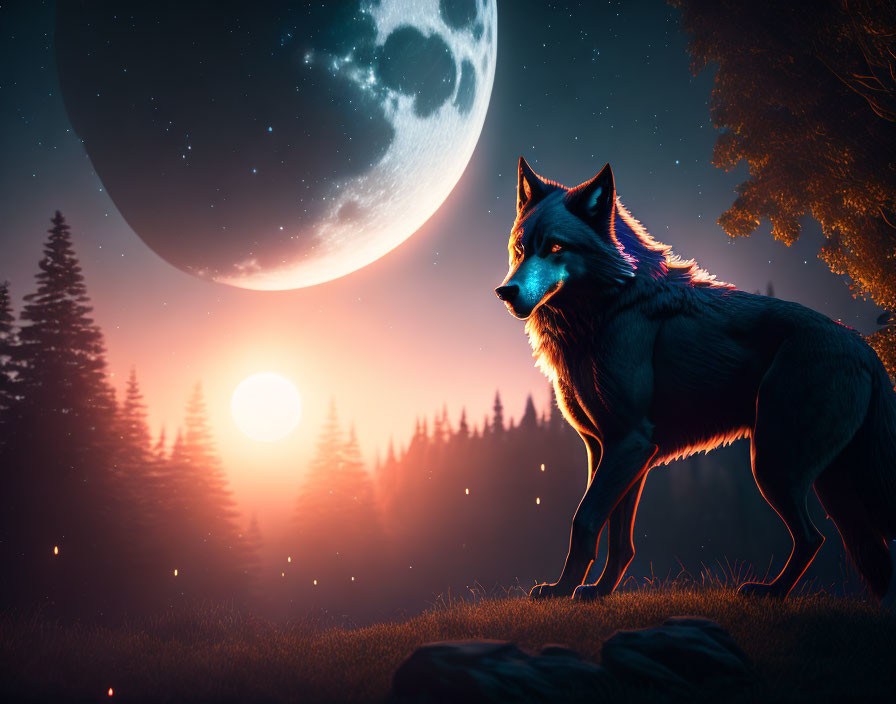 Majestic wolf in surreal moonlit forest landscape