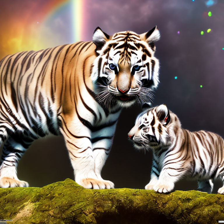 Tiger and Cub on Rock with Cosmic Background