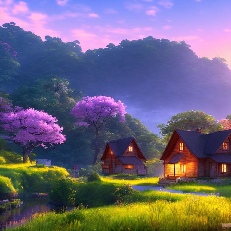 Tranquil countryside landscape with cottages, greenery, pink tree, and purple sky