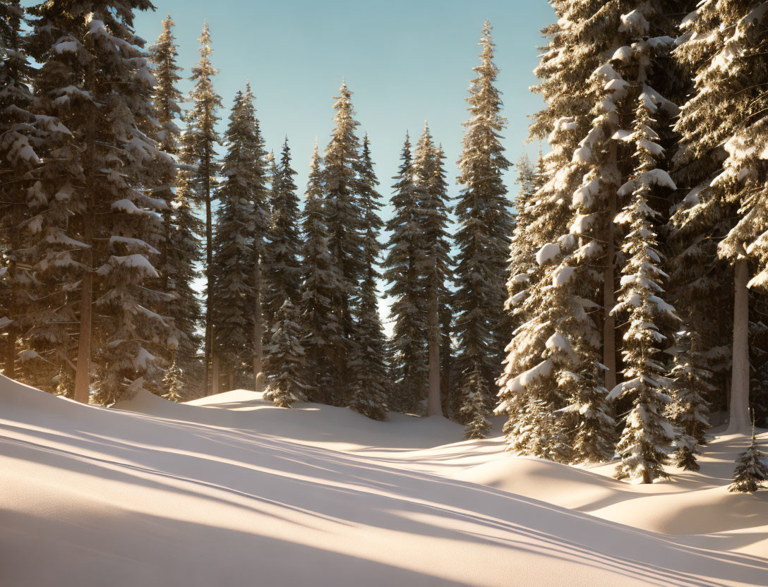 Snowy Landscape with Tall Evergreen Trees and Soft Sunlight Filtering Through