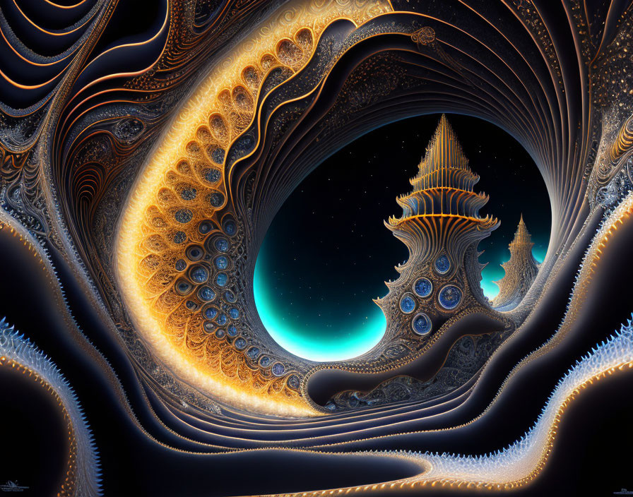 Intricate Fractal Landscape with Swirling Patterns and Spire-like Structures