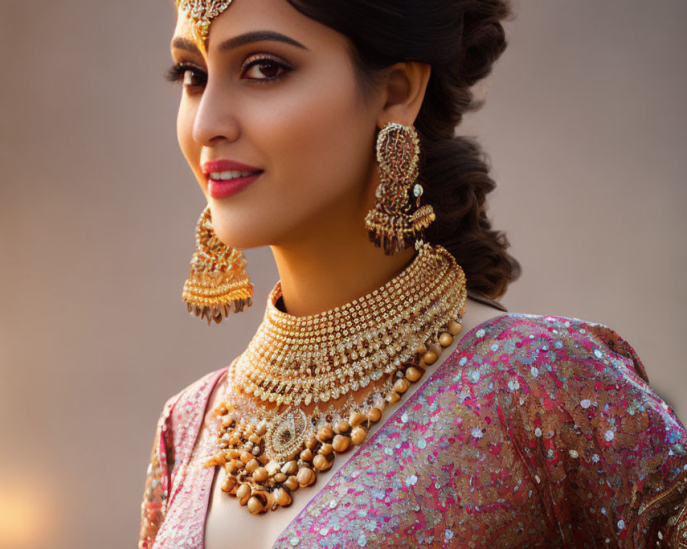 Elegant woman in ethnic attire with gold jewelry gazes sideways