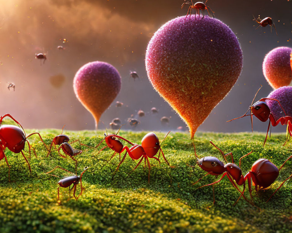 Surreal digital artwork: oversized ants, floating berries, dramatic sky