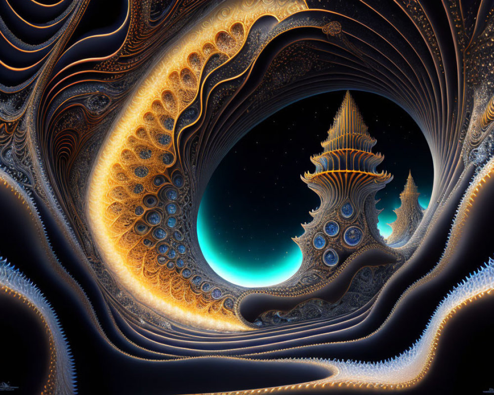 Intricate Fractal Landscape with Swirling Patterns and Spire-like Structures