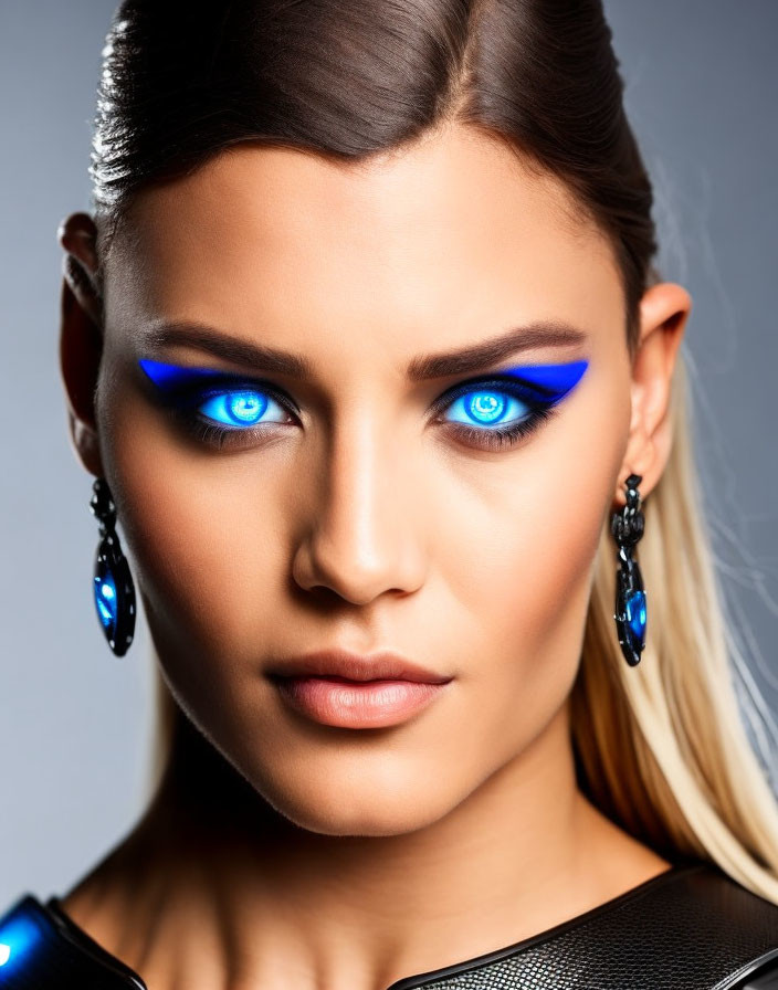 Striking Blue Eye Makeup and Matching Earrings on Woman