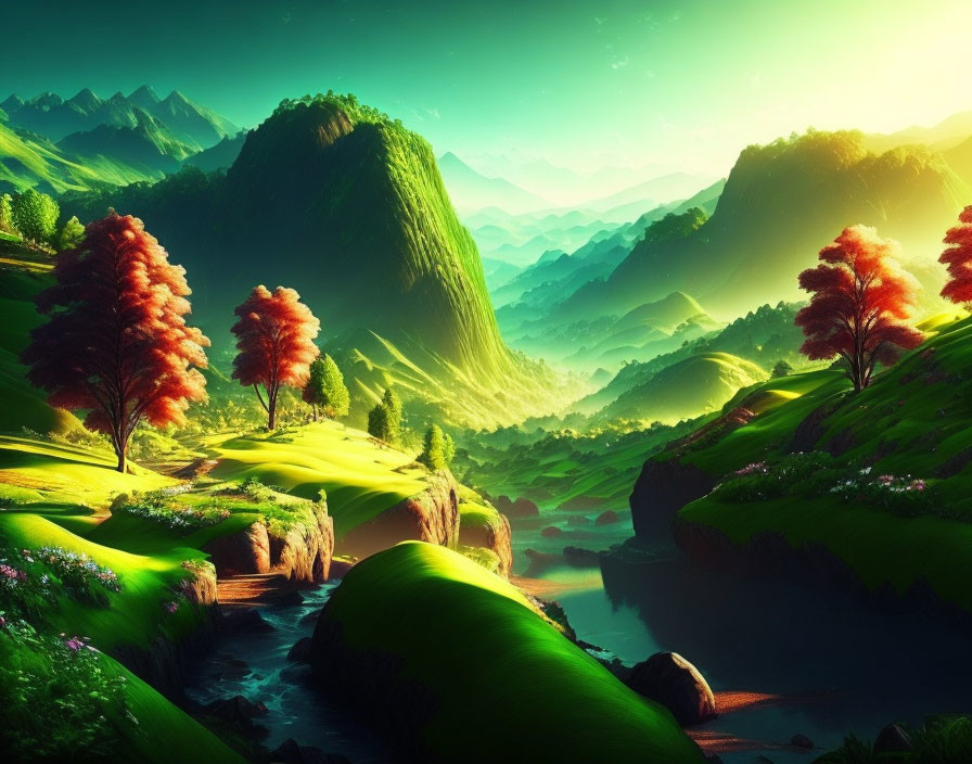 Colorful fantasy landscape: green hills, tranquil river, red trees, distant mountains under soft sunlight