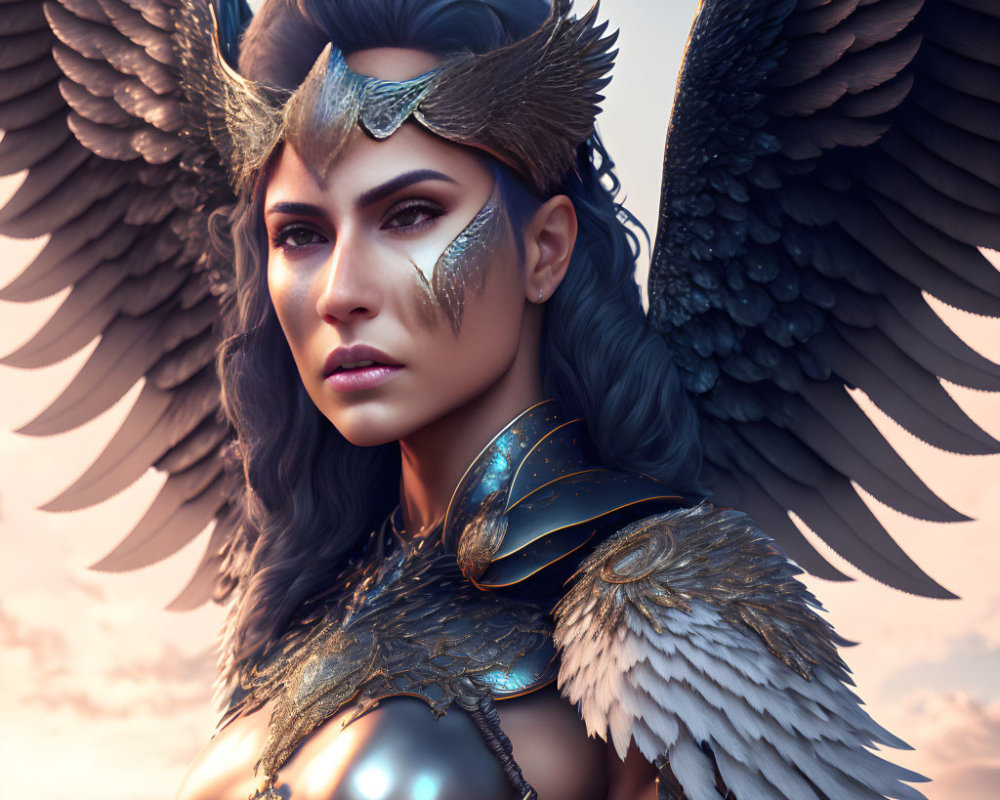 Digital Artwork: Fierce Female Warrior with Dark Angel Wings