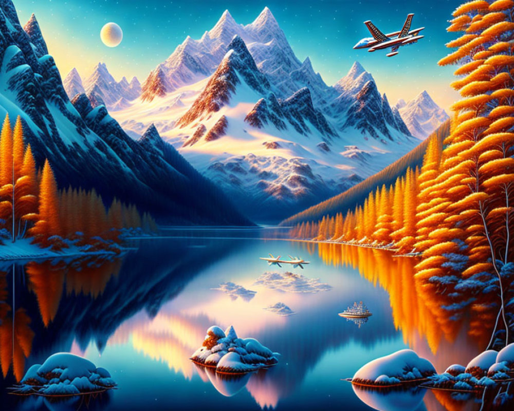 Snowy Mountains, Golden Forests, Lake, Planes, Boats, Twilight Sky, Crescent