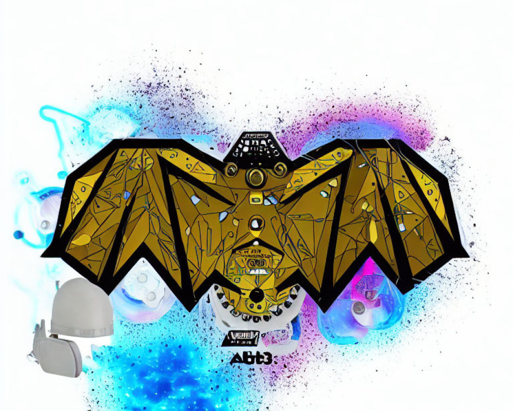 Geometric Bat Illustration with Golden Hues and Watercolor Effects