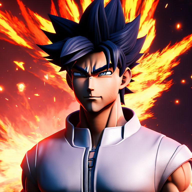 Spiky Blue-Haired Animated Character in High-Collar Vest Amid Fiery Explosion