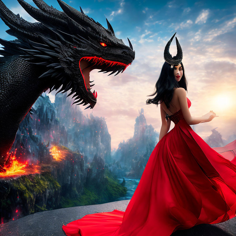 Woman in red dress with horned headpiece beside black dragon on cliff in volcanic landscape